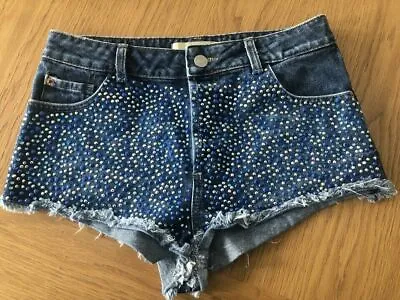 £16 • Buy Topshop Uk8 Ladies Blue Denim Hot Pants Shorts Hot Pants With Embellishments Vgc