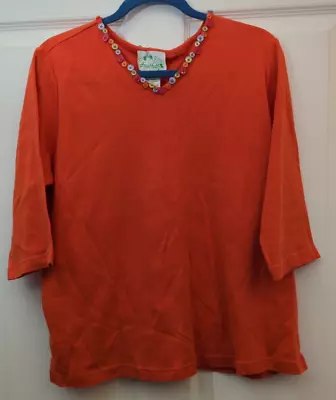 Quacker Factory Top XL  Orange 3/4 Sleeve Shirt Button Embellishment Casual • $8.24