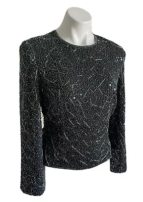 VIE By Victoria Royal Silk Top Size 4 Beaded Sequin Evening Party Green Black • $89.95