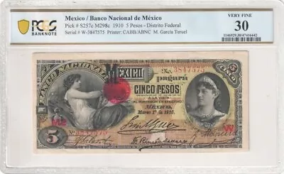 Mexico Banco Nacional De Mexico P#S257c M298c 1910 5 Pesos PCGS VF30 • $90