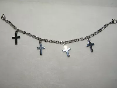 CROSS CHARM BRACELET STAINLESS  STEEL BY DESIGN  QVC NEW FITS 7  To 8  WRIST • $29.95