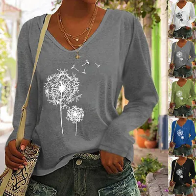 $17.66 • Buy Womens Autumn Long Sleeve Floral V-Neck Pullover Tops Ladies Casual Loose Blouse