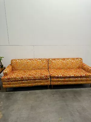 Vintage Mid Century Modern Bright Orange Sofa Couch Gold Flower Great Condition • $1800