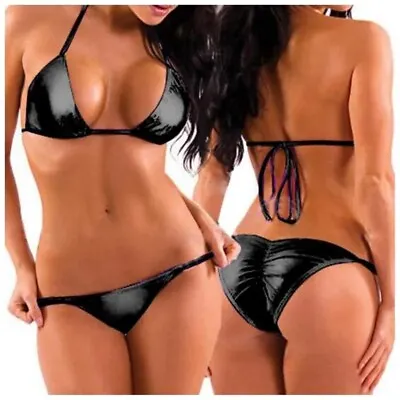 Women Two-Piece Leather Look Bikini Swimsuit • £12.36