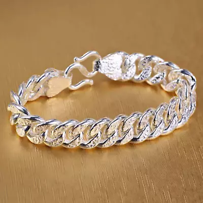 Pure 999 Fine Silver Chain Lucky Carved Pattern Fu Cuban Curb Link Bracelet 31g • $76.36