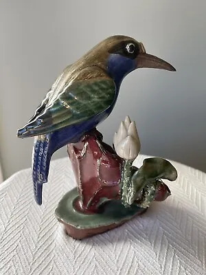 Signed Majolica Pottery Sculpture  Kingfisher Bird On A Water Lily Lotus Flower • $135