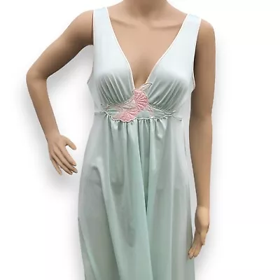 Vintage 70's LORRAINE Long NightGown Size Small Green Empire Waist Embroidered • $27.95