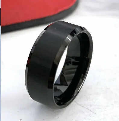 Presonalized Engraving 10mm Men Black Tungsten Carbide Bevel Brushed  Band Ring • $32.40