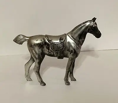 Vintage Silver Tone Metal Horse Figure Statue 5  Height Saddle Equestrian • $12.97