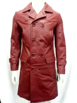  Mens Classic Knee Length Style German U-boat Cherry Hide Leather Jacket Coat • $189.43