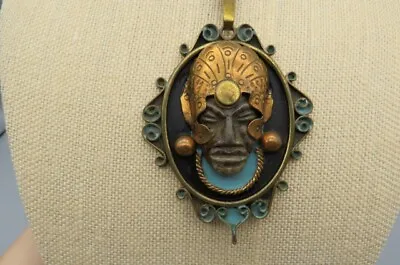 Mexico Mixed Metals Mayan/Aztec Clay Warrior Enameled Vintage Pendant Necklace • $124.99