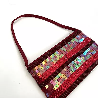 NWOT Unbranded  Small Shoulder Party Bag Beaded Sequin Red Fabric Sparkly • $11.95