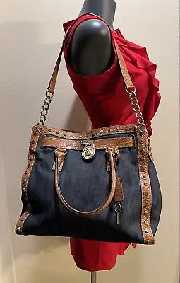 Michael Kors Hamilton Stachel Denim Large Handbag Blue Silver Hardware • $74.99