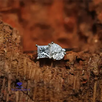 Simulated Diamond Two Stone Engagement Ring Solid 14K White Gold 2 Carat • $227.74