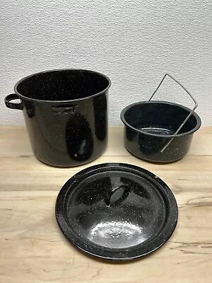 $19.98 • Buy Vintage Black Enamelware Camping Hunting Fishing Cooking Pot & Strainer