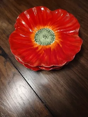 Maxcera Mum Florals Red Poppy Ceramic Sculpted Floral Shaped Salad Plate S/4 • $58.95