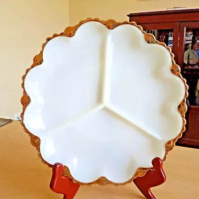 Vintage Anchor Hocking Milk Glass Gilded Gold Edge Divided Platter • $5.24