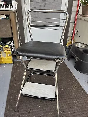 Vintage Cosco Kitchen Metal Step Stool Chair Black Flip Up Seat Chrome Legs MCM￼ • $89