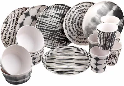 Melamine Dinner Set 18-Piece Plates Bowls Cups Set Black Tie Dye Crockery For 6 • £59.99