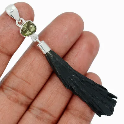 Natural Black Kyanite & Moldavite 925 Sterling Silver Pendant Jewelry CP17502 • $15.99