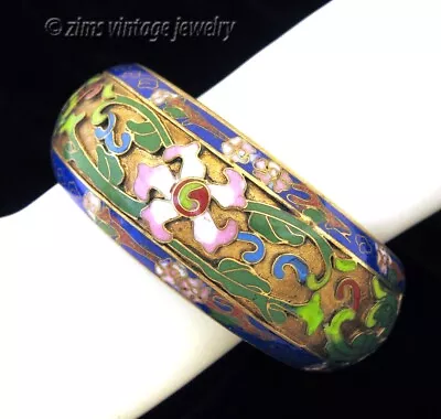 Vintage CHINESE High Relief Cloisonne Enamel FLORAL Wide Gold Bangle BRACELET • $7.99