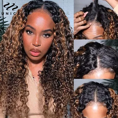 Mongolian Ombre Brown Curly V Part Human Hair Wig Wear And Go Glueless Lace Wigs • $129.11