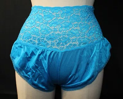 Vintage Blue Satin Nylon Blend Flutter Tap Pants Panties Briefs High Waist Lace • $29.95