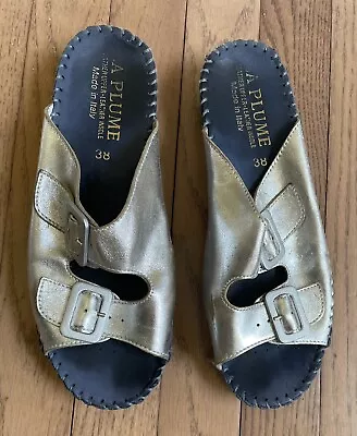 La Plume Jen Italian Leather Slip On Sandal Buckles Silver Blue Suede Size 38 • $9.99