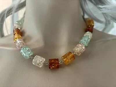 Vintage Amber Green Pastel Confetti Glass Lucite Necklass & Earrings SET • $24