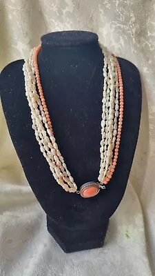 Vintage Rice Pearl And Coral Multi Strand Necklace • £25