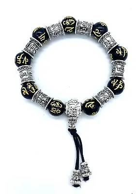 Black And Silver Elastic Bracelet Bead Mala Buddhist Letter Scripture Meditation • $18