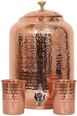 Copper Hammered Water Dispenser Pot 16L With 2 Glass Ayurveda Water Storage Tank • $125.78