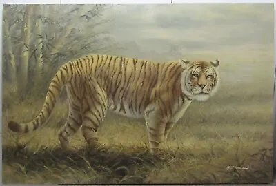 Vintage Oil Painting On Canvas Striped Tiger In Bamboo Jungle F. Howell 24x36  • $165.75