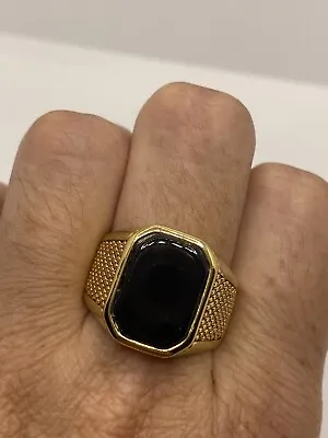 Vintage Black Onyx Inlay Golden Stainless Steel Inlay Men’s Ring Size 8 • $55