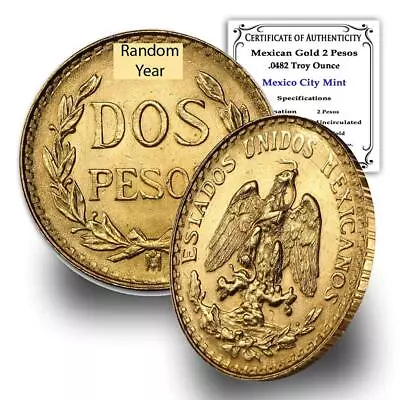 Random Year Mexican Gold 2 Pesos Brilliant Uncirculated .0482 Troy Oz. W/Cert. • $147.79