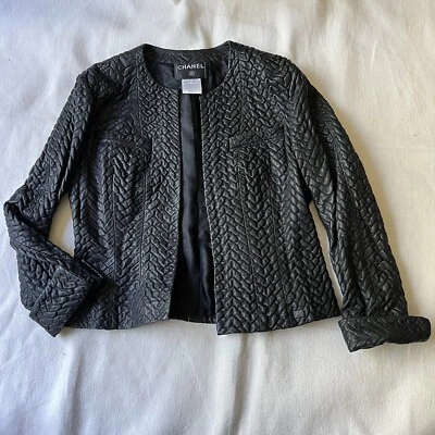 $2250 • Buy Chanel Stitched Leather Jacket Size 46 Black Matelesse Collarless Coat Vtg 03A
