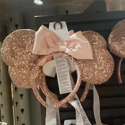 US Disney Parks Rose Gold Sequin Pink Bow Minnie Mickey Mouse Ears Headband 2022 • $17.59