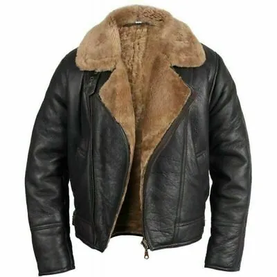 British Mens Raf Sheepskin Leather Black Bomber Winter Aviator Flying Pilot Coat • £100