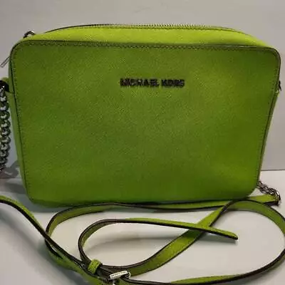 Michael Kors Womens Jet Set Crossbody Bag Green Leather Adjustable Strap Chain S • $69.99