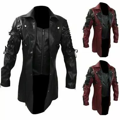 $68.55 • Buy Men's Faux Gothic Leather Goth Steampunk Punk Rave Jacket Trench Coats Halloween