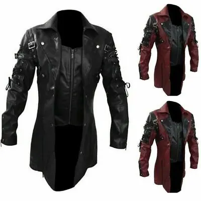 Men's Punk Rave Jacket Faux Leather Gothic Goth Steampunk Trench Coats Halloween • $63.63