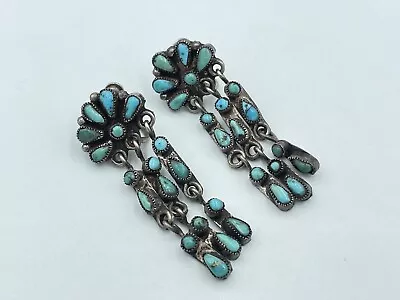 Vintage Zuni Sterling Silver Needlepoint Turquoise Drop Dangle Earrings Native • $53.33