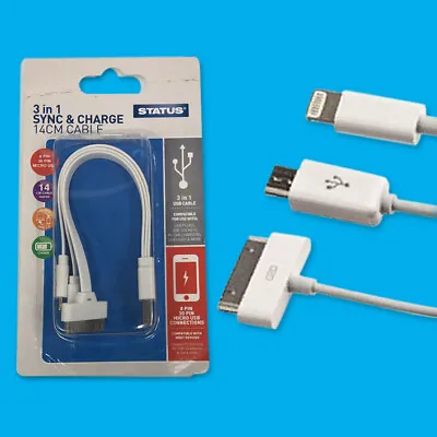 3 In 1 Sync & Charge USB To 8 Pin 30 Pin Micro USB 14cm Cable For IPhone IPod • $5.67
