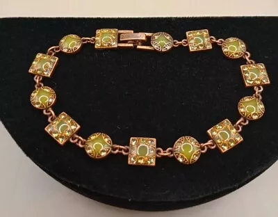 Vintage Signed Liz Clairborn Green Enamel Copper Tone Panels Bracelet 7” Retro  • $19.97