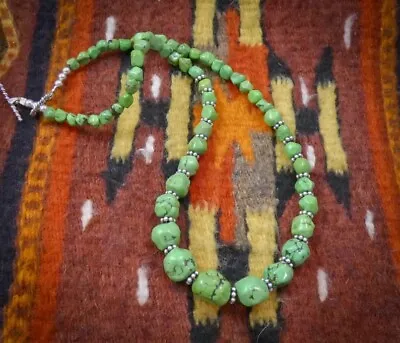 Vintage Native American Navajo Green Turquoise Bead Necklace With Silver • $162.25