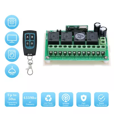 DC12V 4CH Channel 433Mhz Wireless RF Remote Control Switch Relay Receiver Module • $14.99