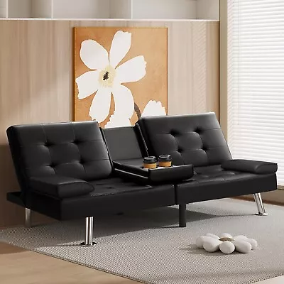 Black Faux Leather Futon Sleeper Sofa Bed: Modern Recliner Couch With Cupholders • $184.99