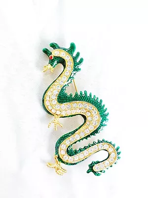 (W) Vintage 3.5  Dragon Serpent Green Enamel Rhinestone Oriental Brooch Pin • $14.99