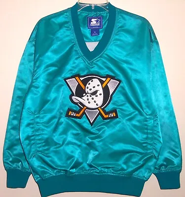 VINTAGE 90's ANAHEIM MIGHTY DUCKS NHL THROWBACK STARTER SATIN PULLOVER JACKET M • $224.99