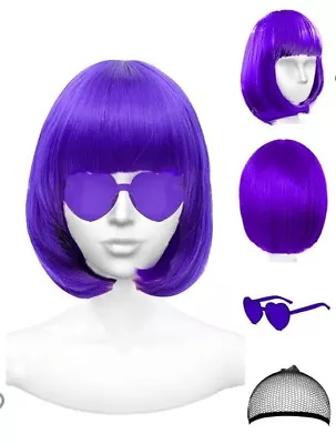 Purple Feather Hair Plastic  Glasses Wig Cap Short Straight Bob Baltimore Ravens • $15.99